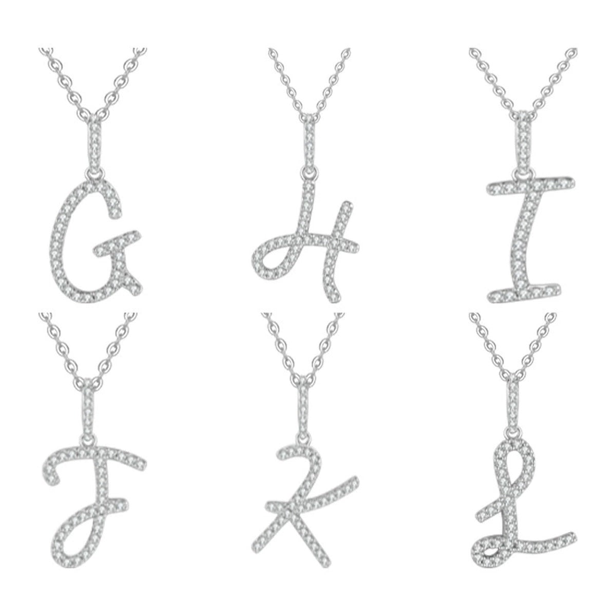 Initial Moissanite Pendant Necklace in Platinum-Plated S925 Sterling Silver on clean white background showing the initial letter pendant with pave moissanite detail