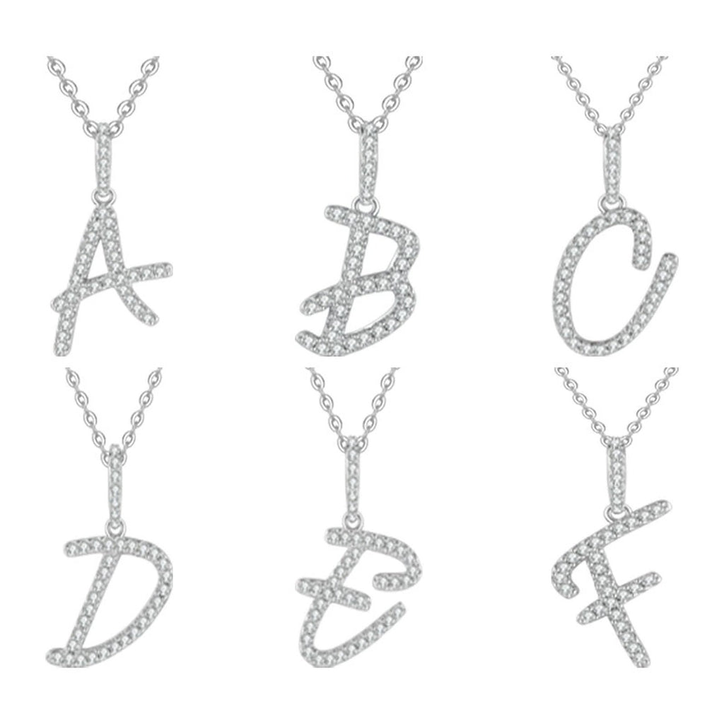 Initial Moissanite Pendant Necklace in Platinum-Plated S925 Sterling Silver on clean white background showing the initial letter pendant with pave moissanite detail