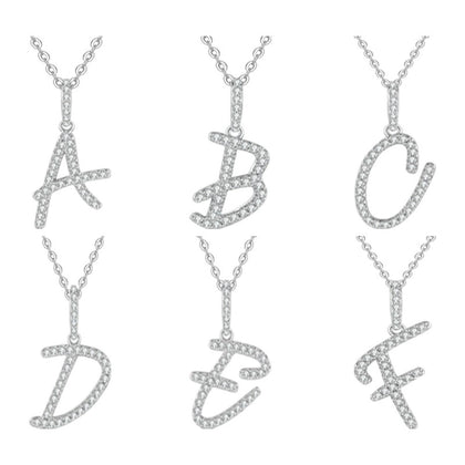 Initial Moissanite Pendant Necklace in Platinum-Plated S925 Sterling Silver on clean white background showing the initial letter pendant with pave moissanite detail