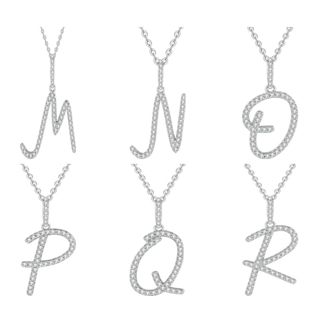 Initial Moissanite Pendant Necklace in Platinum-Plated S925 Sterling Silver on clean white background showing the initial letter pendant with pave moissanite detail