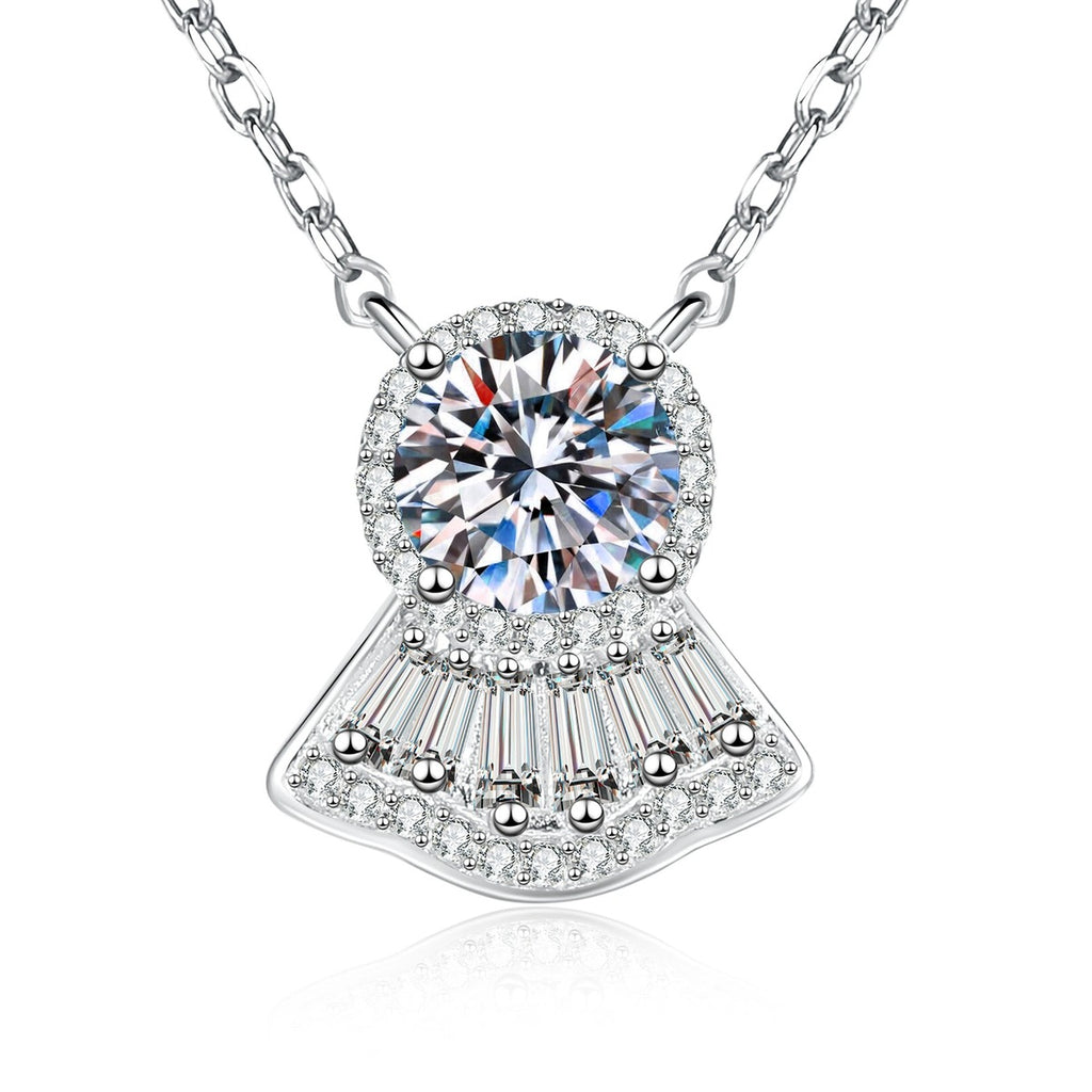 Fan Moissanite Pendant Necklace with Cubic Zirconia in White Gold-Plated S925 Sterling Silver on clean white background showing the fan-shaped pendant with round moissanite and cubic zirconia detail