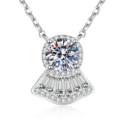 Fan Moissanite Pendant Necklace with Cubic Zirconia in White Gold-Plated S925 Sterling Silver on clean white background showing the fan-shaped pendant with round moissanite and cubic zirconia detail