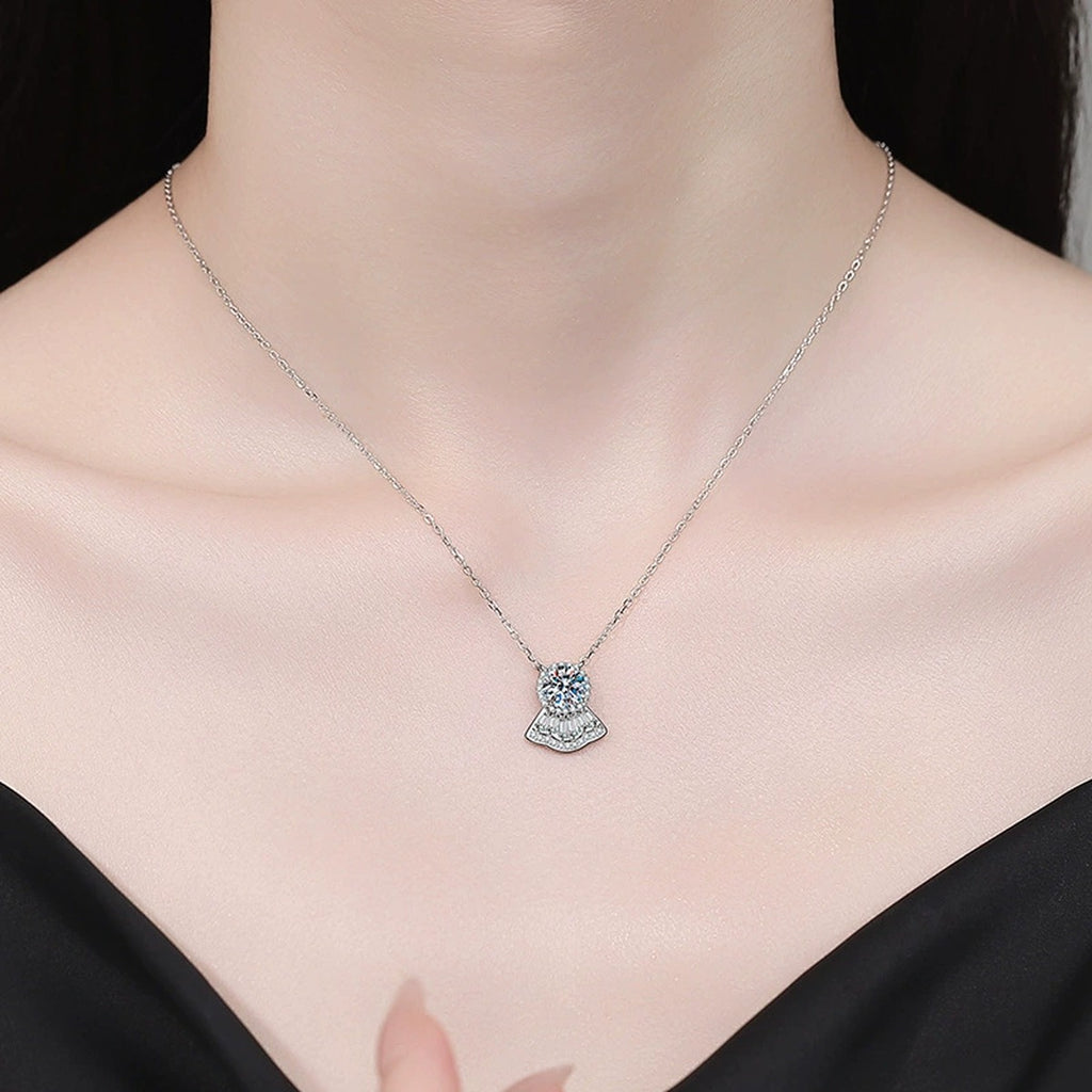 Fan Moissanite Pendant Necklace with Cubic Zirconia in White Gold-Plated S925 Sterling Silver worn on neckline by model