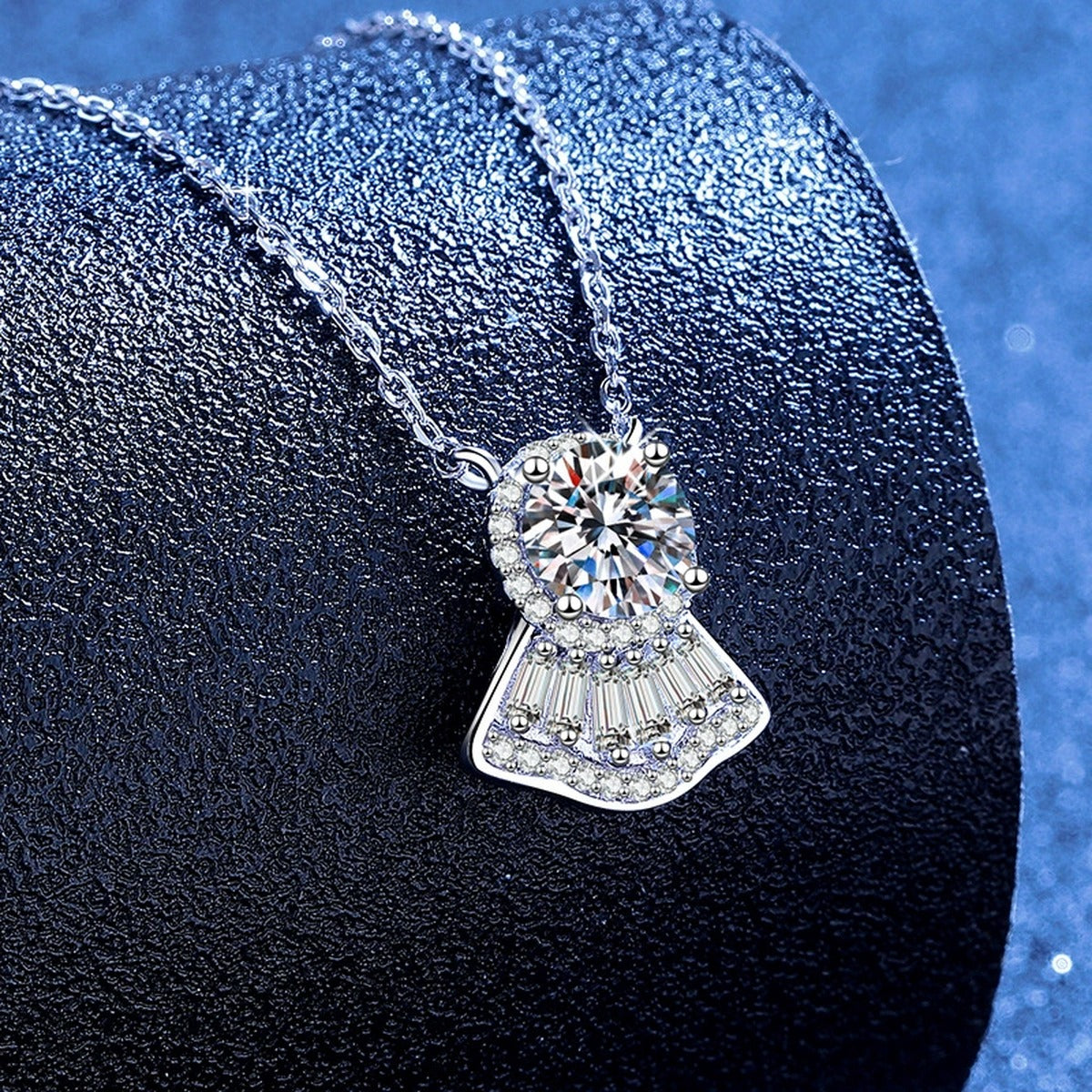 Fan Moissanite Pendant Necklace with Cubic Zirconia in White Gold-Plated S925 Sterling Silver blue background product view
