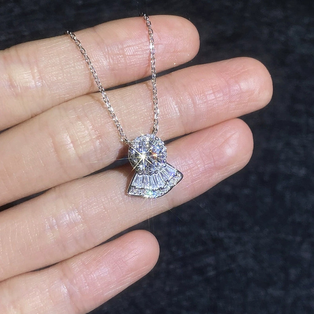 Fan Moissanite Pendant Necklace with Cubic Zirconia in White Gold-Plated S925 Sterling Silver close-up product detail view