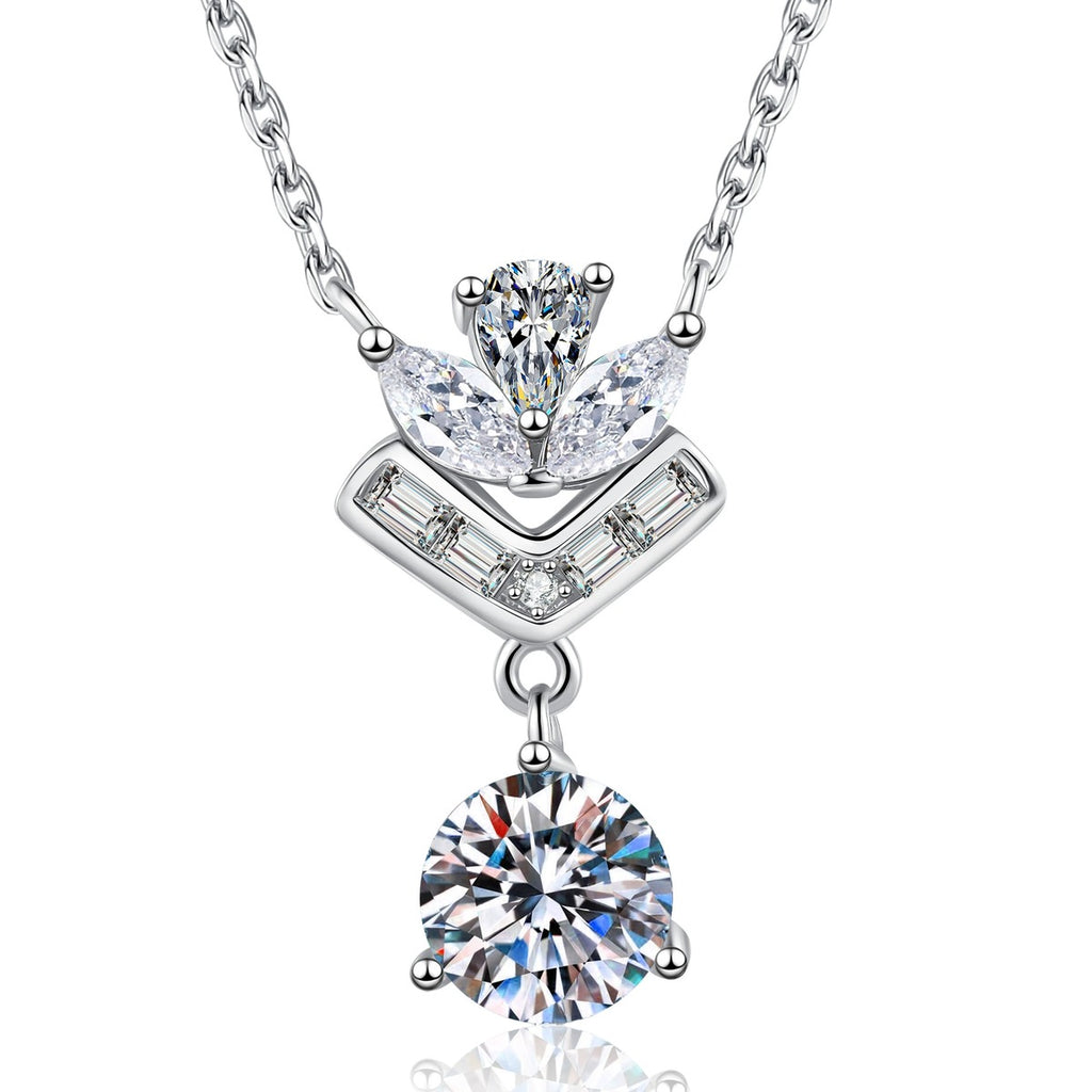 Chevron Moissanite Pendant Necklace with Cubic Zirconia in White Gold-Plated S925 Sterling Silver on clean white background showing the chevron drop pendant with a round moissanite center