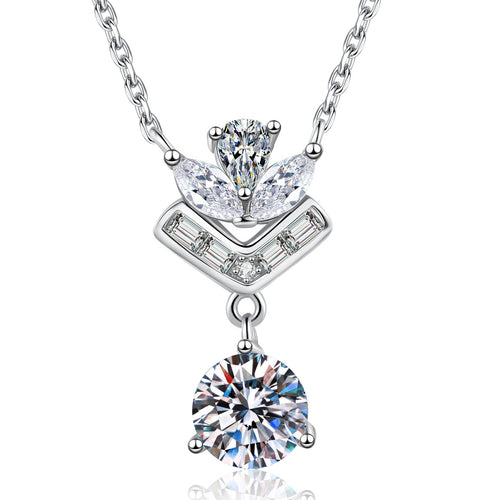 Chevron Moissanite Pendant Necklace with Cubic Zirconia in White Gold-Plated S925 Sterling Silver on clean white background showing the chevron drop pendant with a round moissanite center