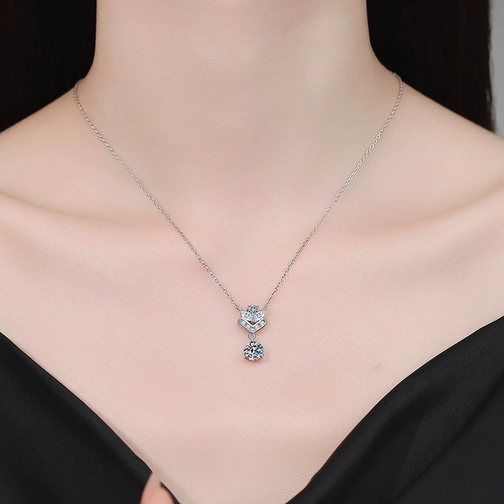 Chevron Moissanite Pendant Necklace with Cubic Zirconia in White Gold-Plated S925 Sterling Silver worn on neckline by model