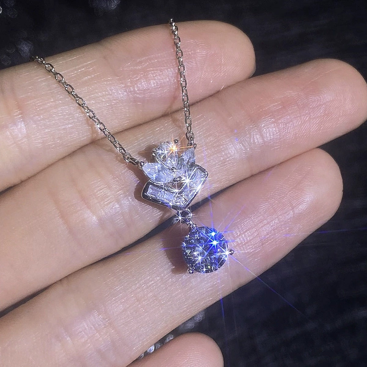 Chevron Moissanite Pendant Necklace with Cubic Zirconia in White Gold-Plated S925 Sterling Silver close-up product detail view