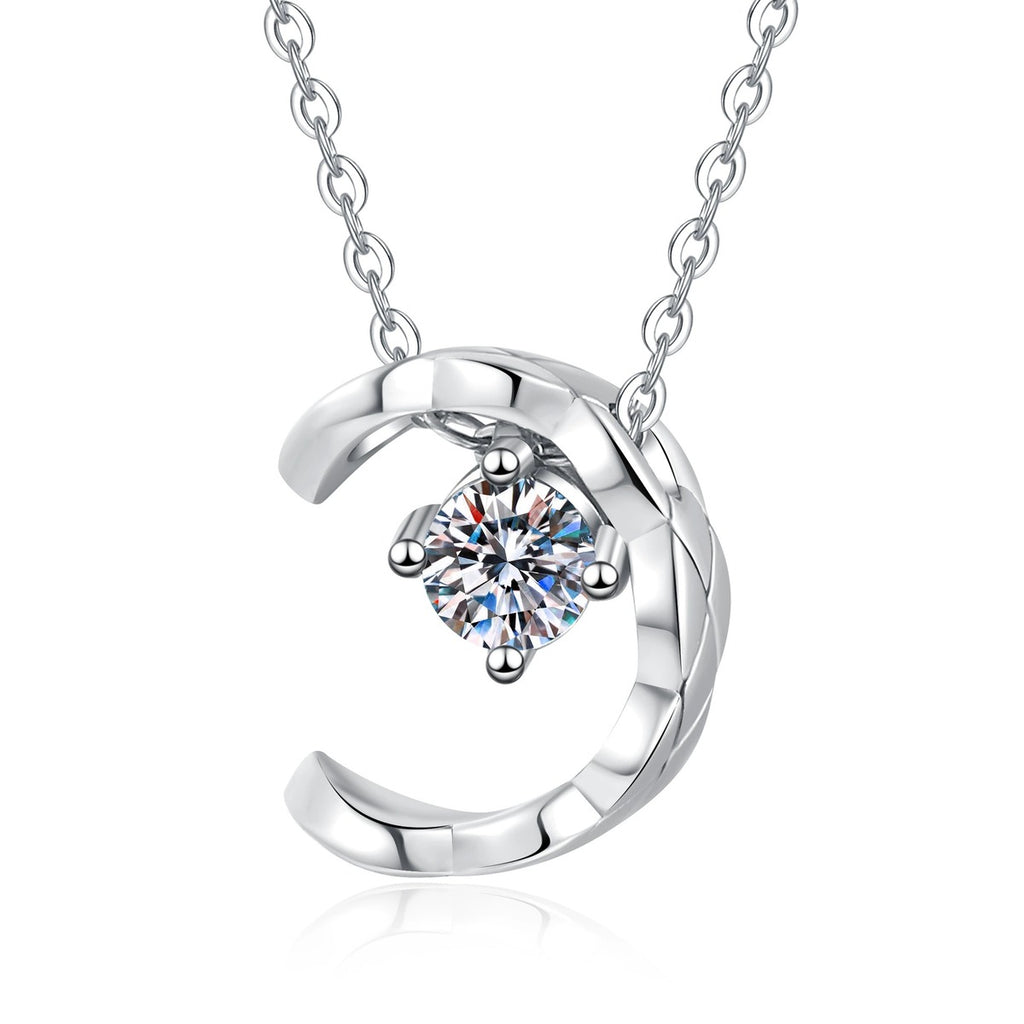Petite Moissanite Pendant Necklace in White Gold-Plated S925 Sterling Silver on clean white background showing the petite round moissanite pendant in a delicate setting