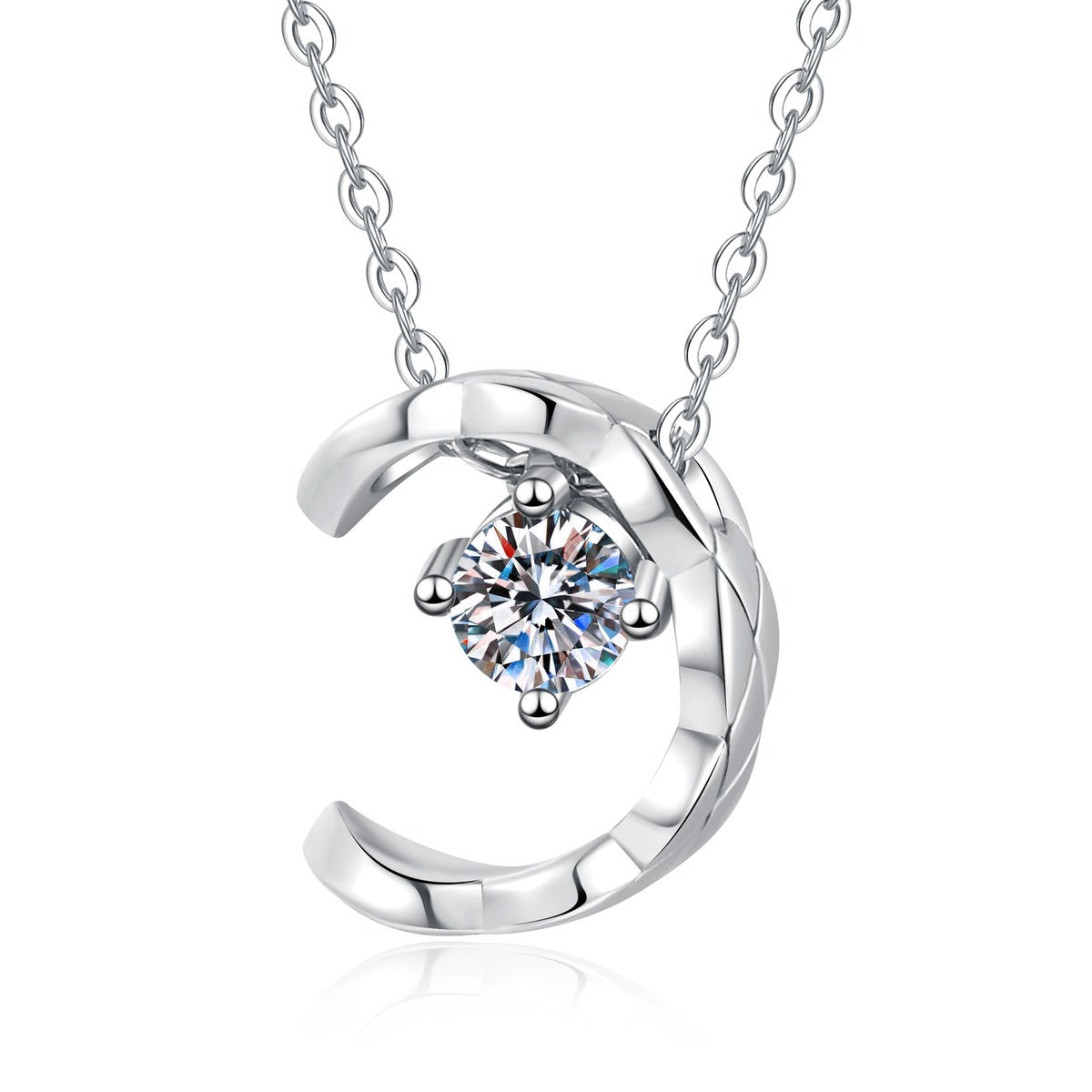 Petite Moissanite Pendant Necklace in White Gold-Plated S925 Sterling Silver on clean white background showing the petite round moissanite pendant in a delicate setting