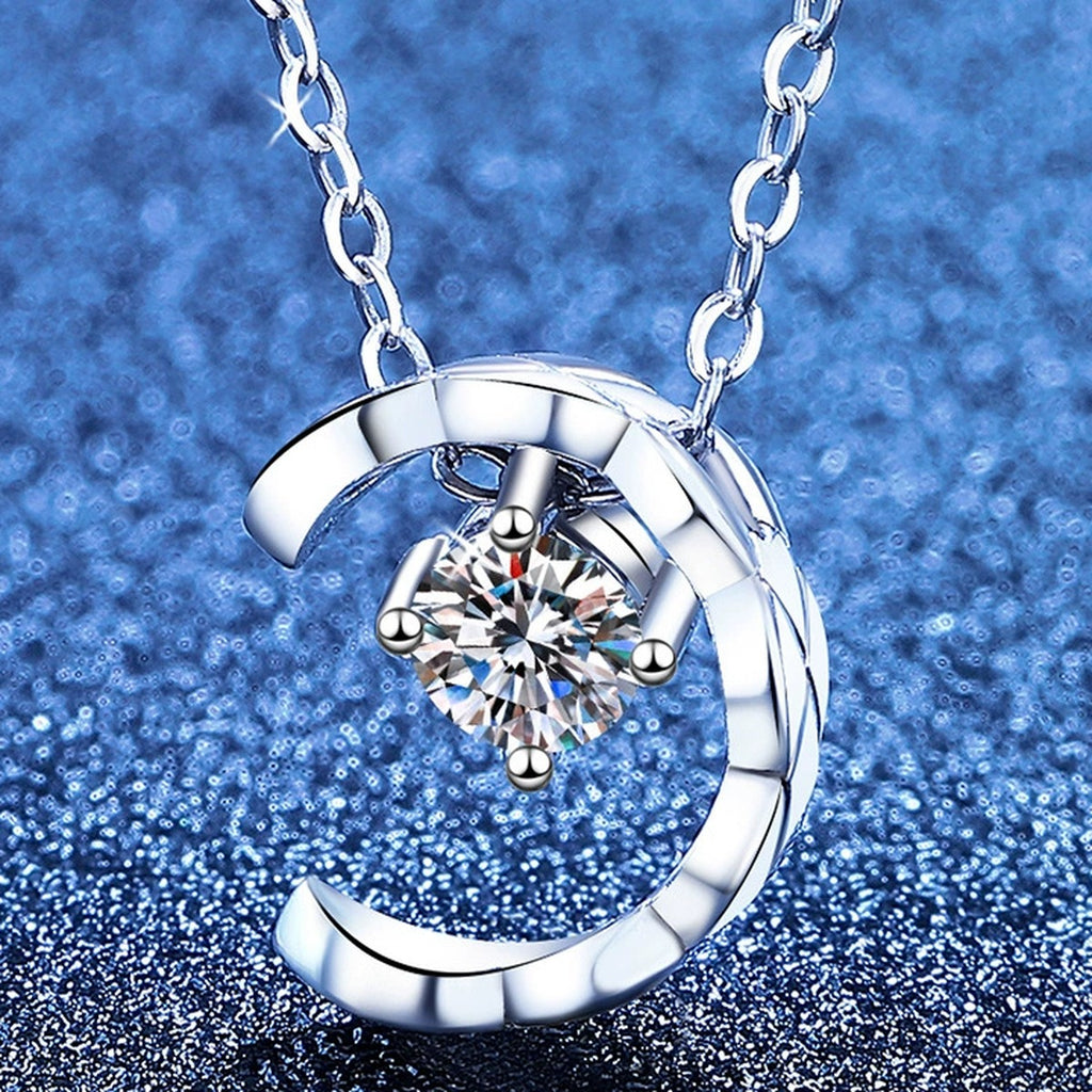 Petite Moissanite Pendant Necklace in White Gold-Plated S925 Sterling Silver blue background product view