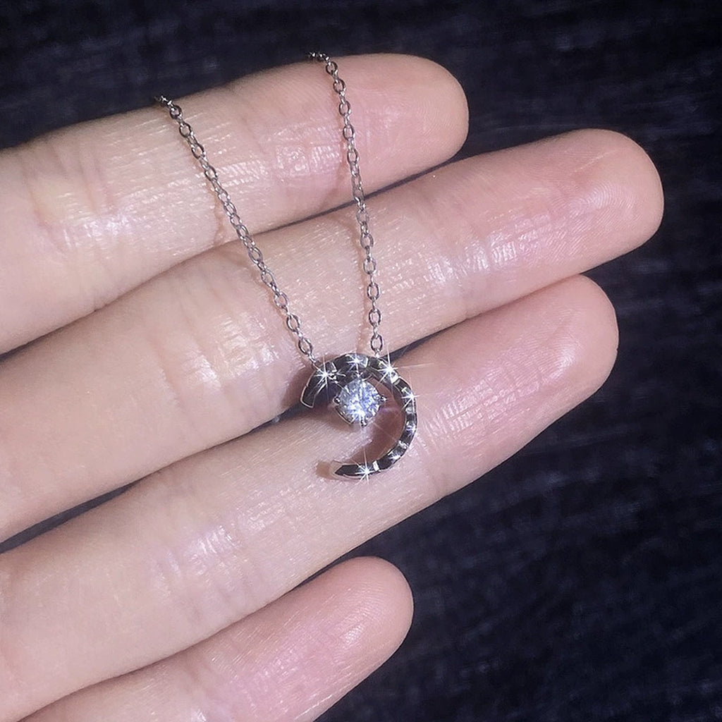 Petite Moissanite Pendant Necklace in White Gold-Plated S925 Sterling Silver dark background product display view