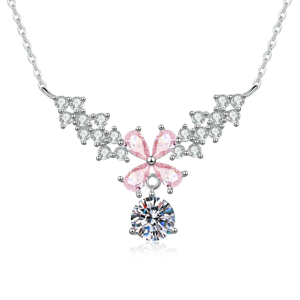 Pink Moissanite Pendant Necklace with Cubic Zirconia in White Gold-Plated S925 Sterling Silver on clean white background showing the pink moissanite pendant with cubic zirconia accents