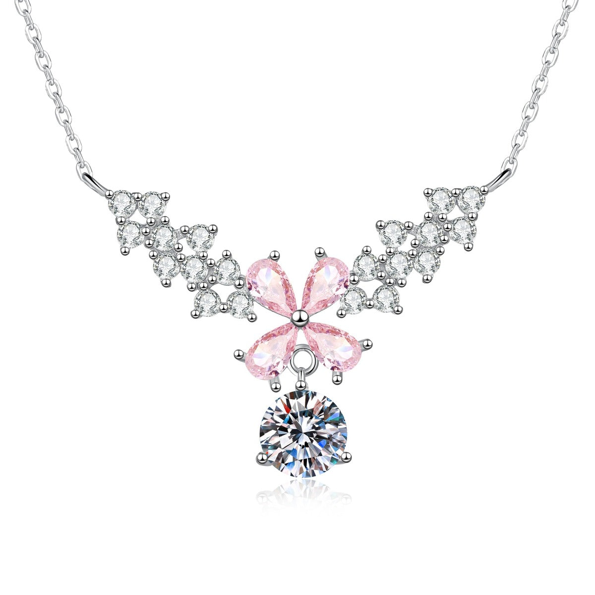 Pink Moissanite Pendant Necklace with Cubic Zirconia in White Gold-Plated S925 Sterling Silver on clean white background showing the pink moissanite pendant with cubic zirconia accents