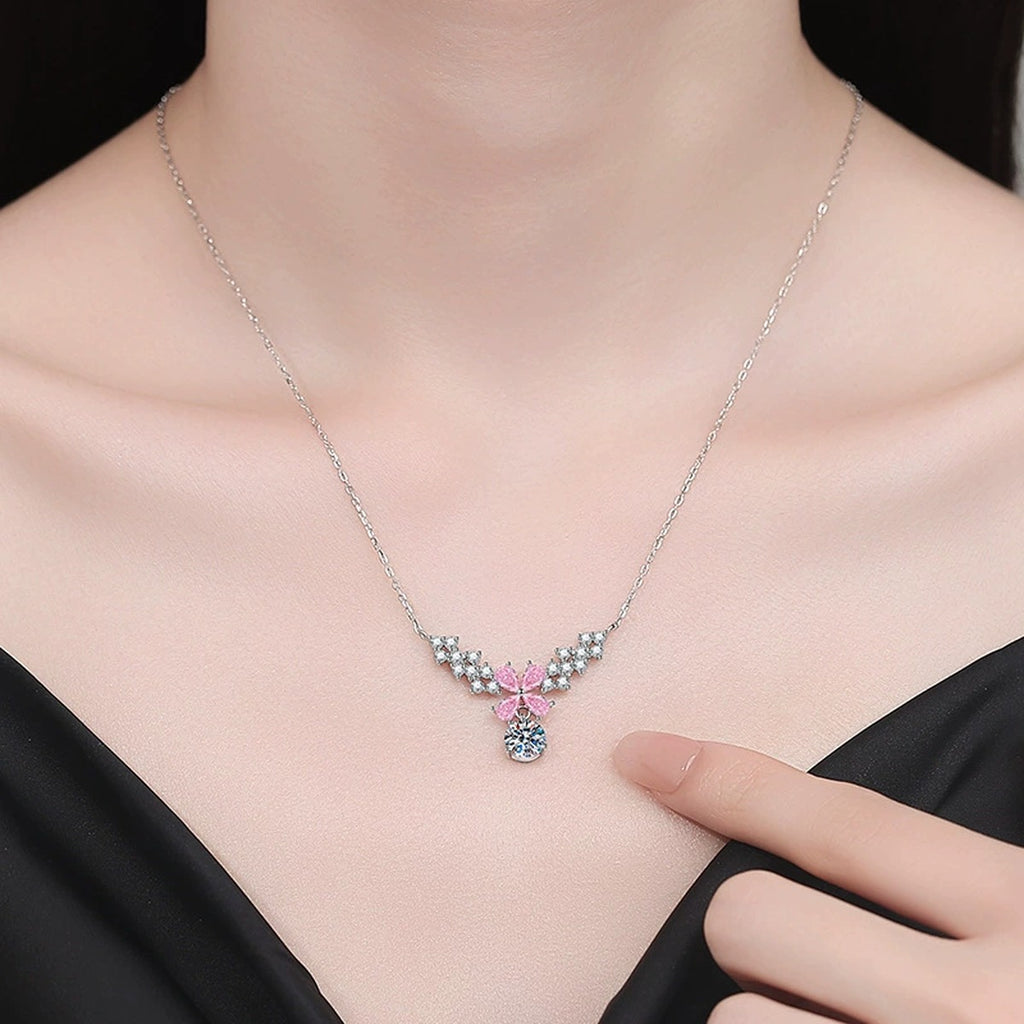 Pink Moissanite Pendant Necklace with Cubic Zirconia in White Gold-Plated S925 Sterling Silver worn on neckline by model