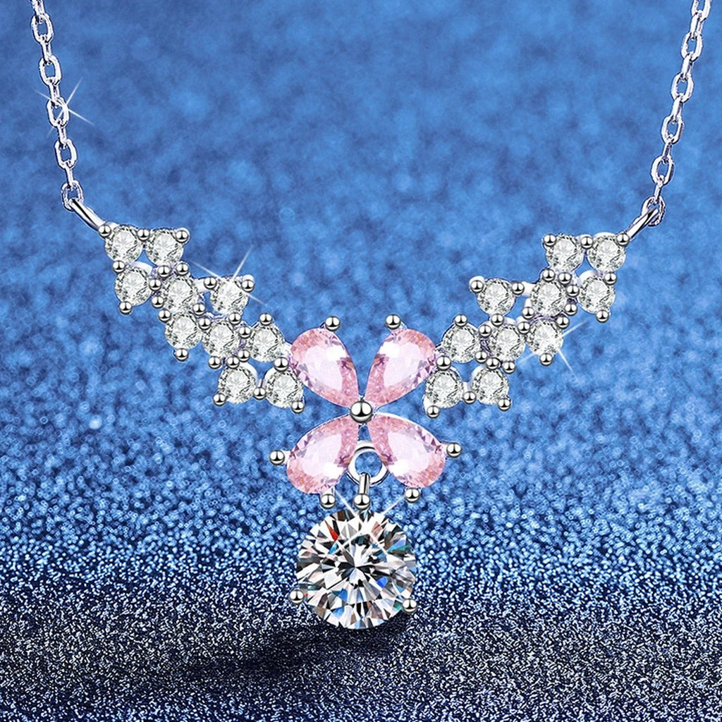 Pink Moissanite Pendant Necklace with Cubic Zirconia in White Gold-Plated S925 Sterling Silver blue background product view
