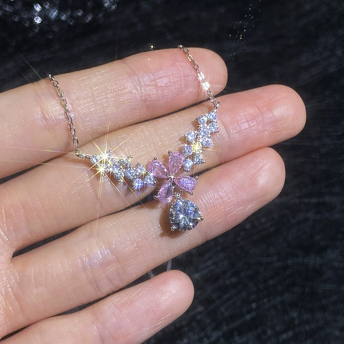 Pink Moissanite Pendant Necklace with Cubic Zirconia in White Gold-Plated S925 Sterling Silver close-up product detail view