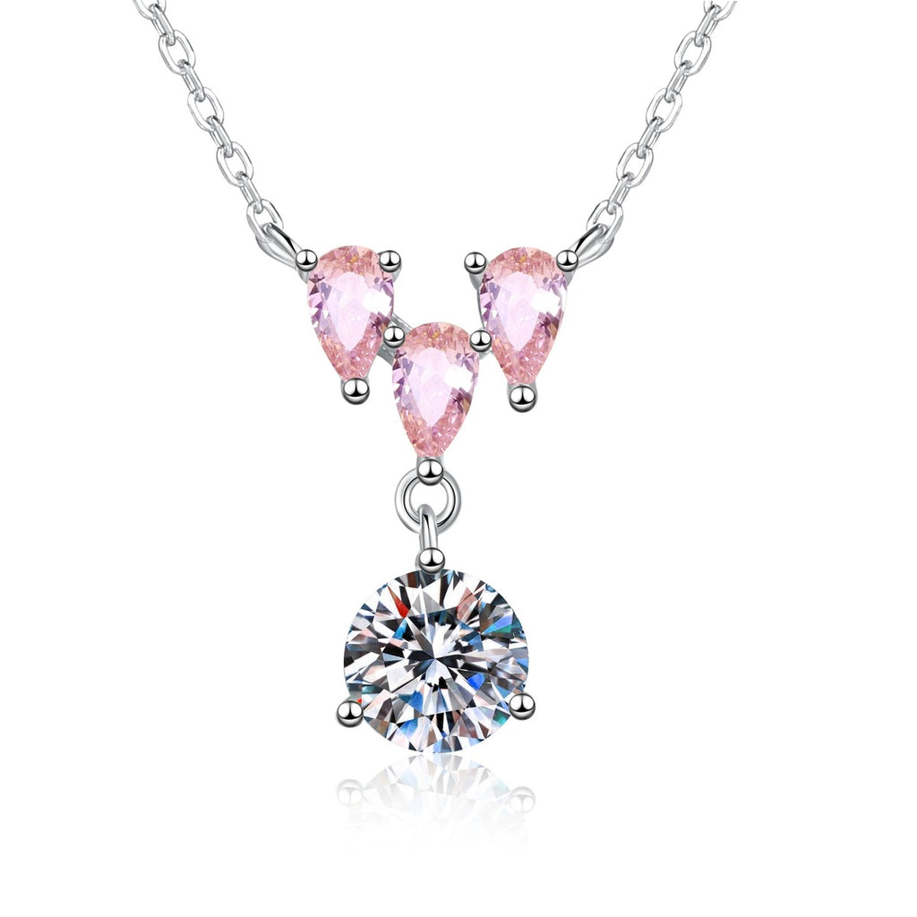Pink Moissanite Pendant Necklace with Cubic Zirconia in White Gold-Plated S925 Sterling Silver on clean white background showing the pink moissanite pendant with a slim cubic zirconia frame