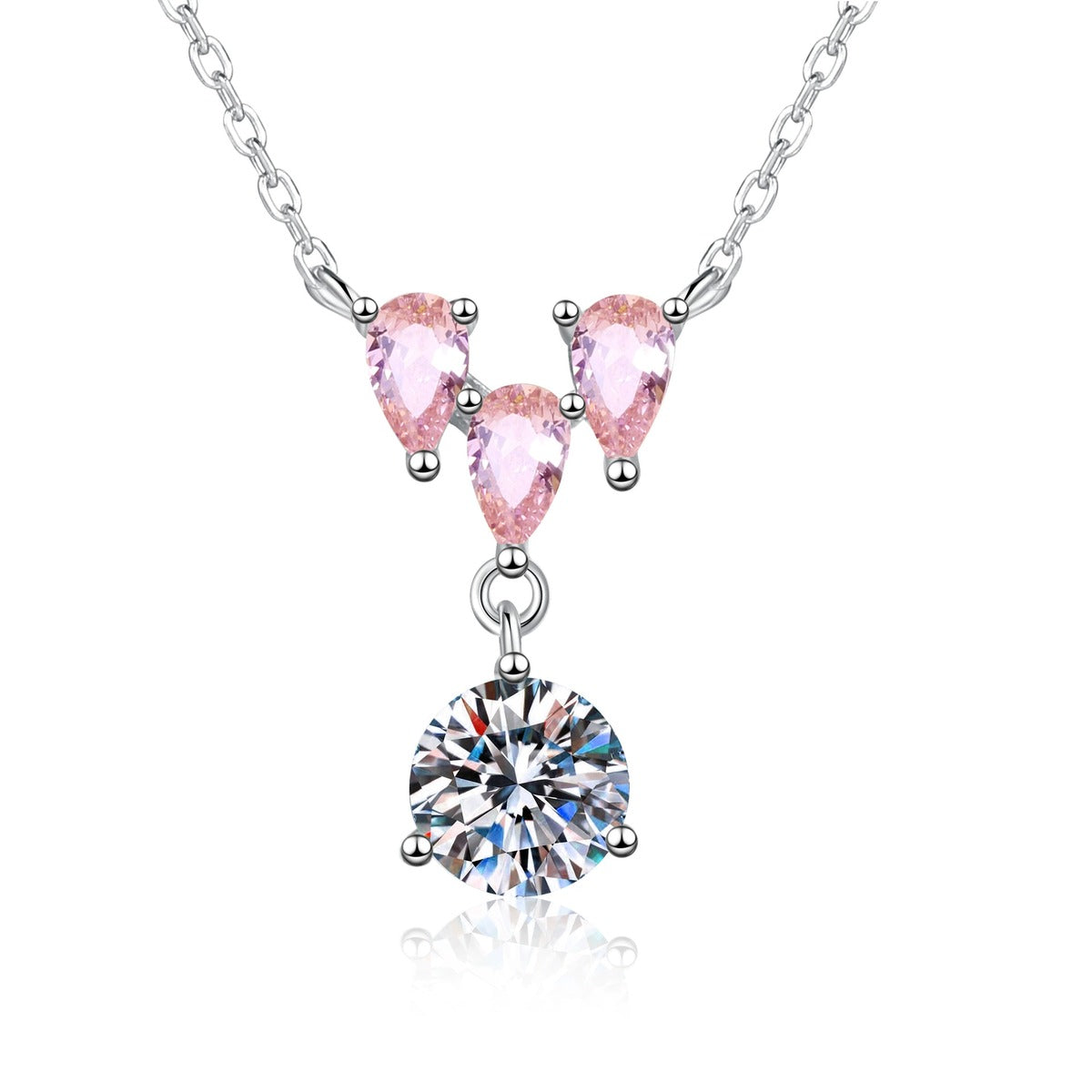 Pink Moissanite Pendant Necklace with Cubic Zirconia in White Gold-Plated S925 Sterling Silver on clean white background showing the pink moissanite pendant with a slim cubic zirconia frame