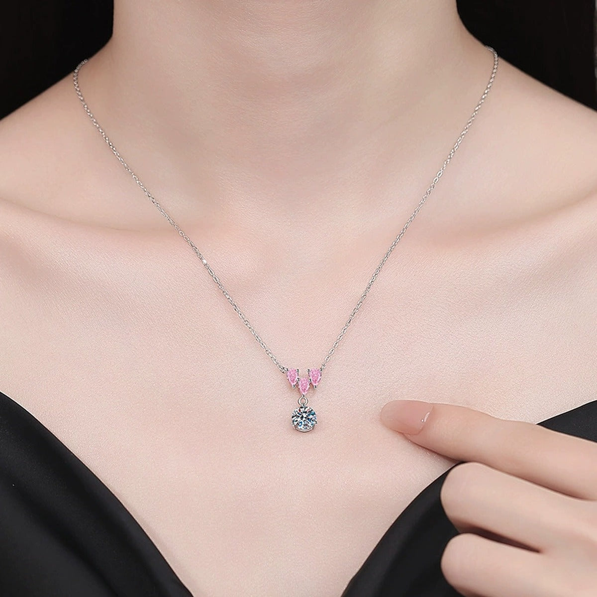 Pink Moissanite Pendant Necklace with Cubic Zirconia in White Gold-Plated S925 Sterling Silver worn on neckline by model