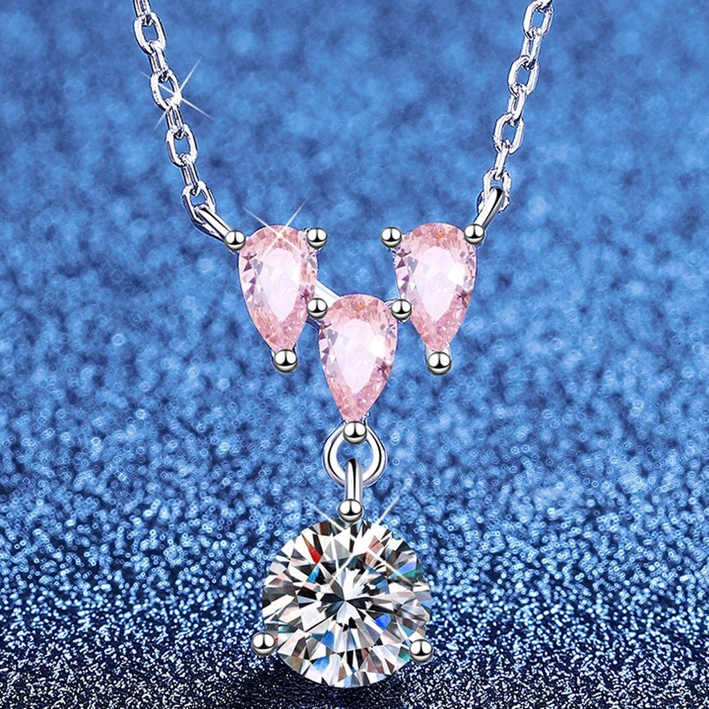 Pink Moissanite Pendant Necklace with Cubic Zirconia in White Gold-Plated S925 Sterling Silver blue background product view