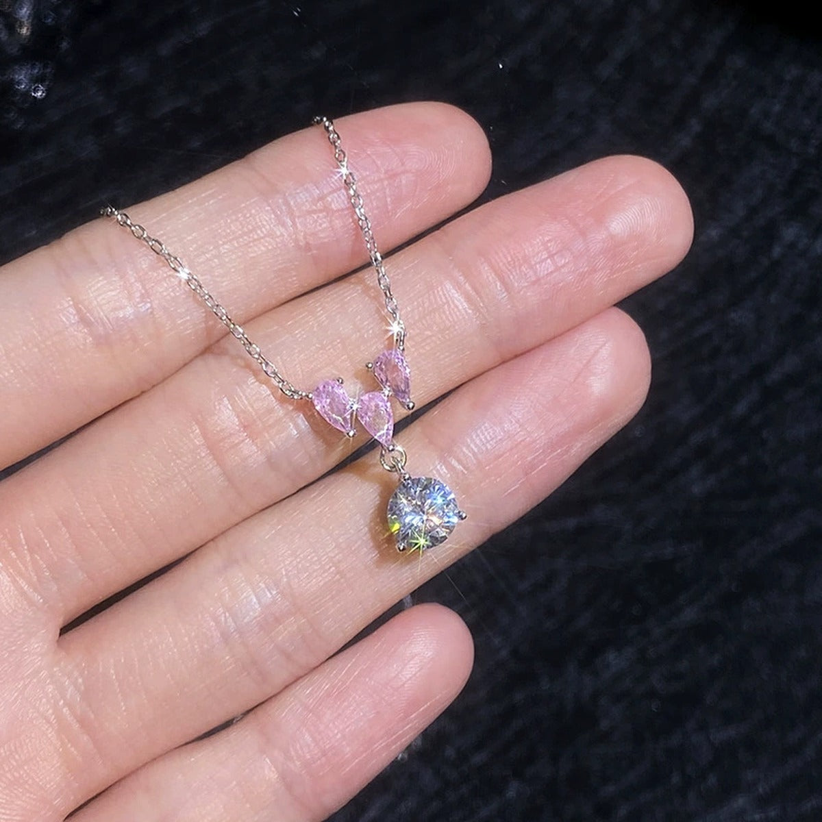 Pink Moissanite Pendant Necklace with Cubic Zirconia in White Gold-Plated S925 Sterling Silver close-up product detail view