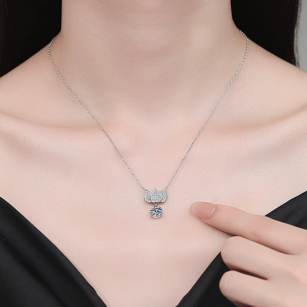 Butterfly Moissanite Pendant Necklace with Cubic Zirconia in White Gold-Plated S925 Sterling Silver worn on neckline by model