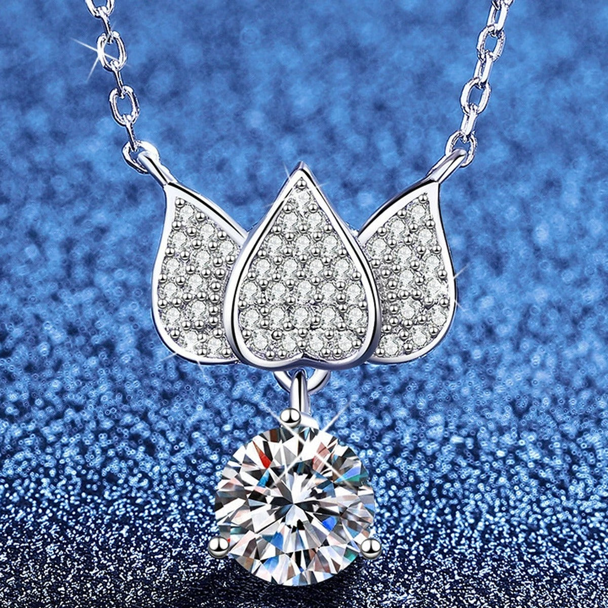 Butterfly Moissanite Pendant Necklace with Cubic Zirconia in White Gold-Plated S925 Sterling Silver blue background product view