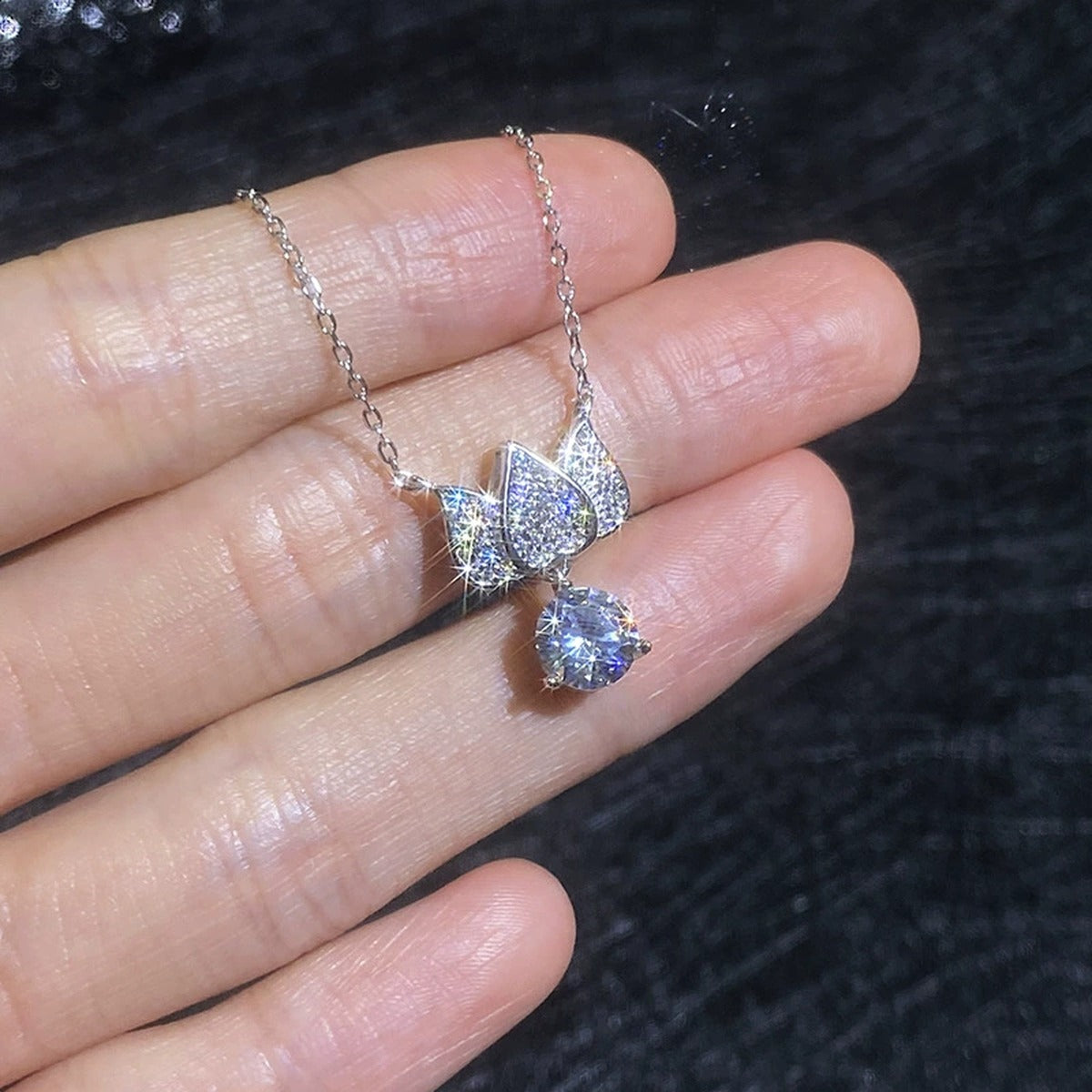 Butterfly Moissanite Pendant Necklace with Cubic Zirconia in White Gold-Plated S925 Sterling Silver close-up product detail view