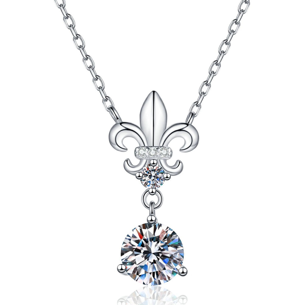 Floral Moissanite Pendant Necklace with Cubic Zirconia in White Gold-Plated S925 Sterling Silver on clean white background showing the floral pendant with a round moissanite center