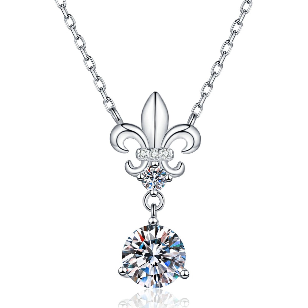 Floral Moissanite Pendant Necklace with Cubic Zirconia in White Gold-Plated S925 Sterling Silver on clean white background showing the floral pendant with a round moissanite center