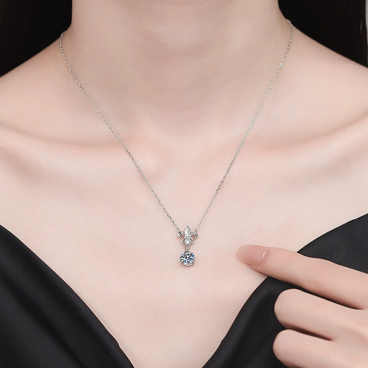 Floral Moissanite Pendant Necklace with Cubic Zirconia in White Gold-Plated S925 Sterling Silver worn on neckline by model