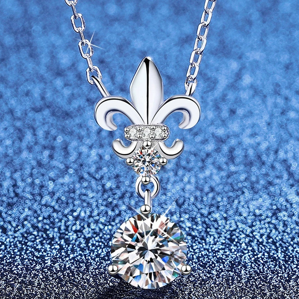 Floral Moissanite Pendant Necklace with Cubic Zirconia in White Gold-Plated S925 Sterling Silver blue background product view