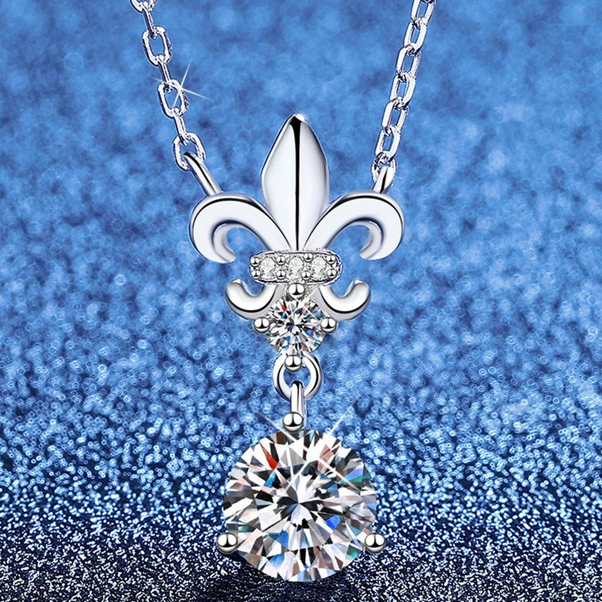 Floral Moissanite Pendant Necklace with Cubic Zirconia in White Gold-Plated S925 Sterling Silver blue background product view