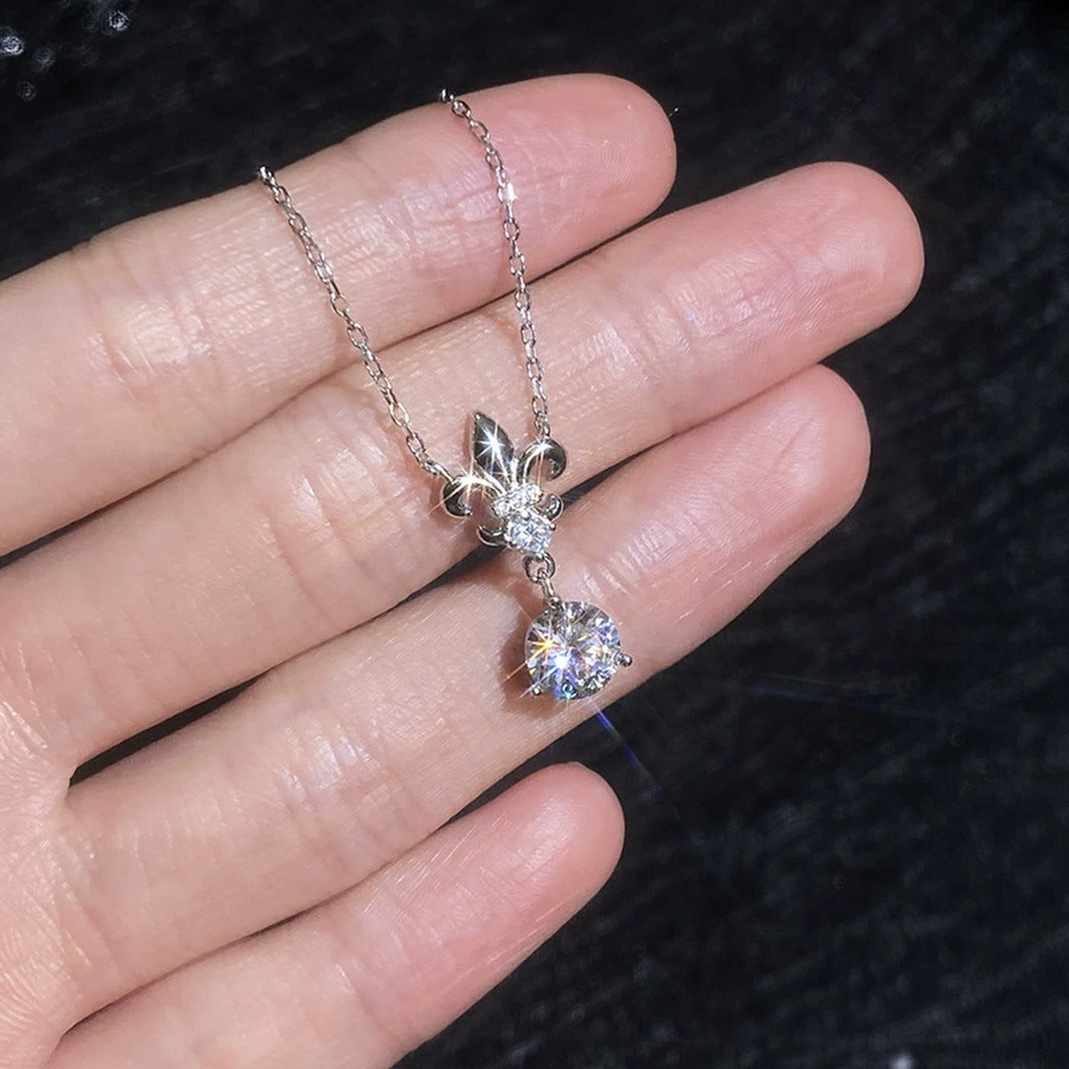 Floral Moissanite Pendant Necklace with Cubic Zirconia in White Gold-Plated S925 Sterling Silver close-up product detail view