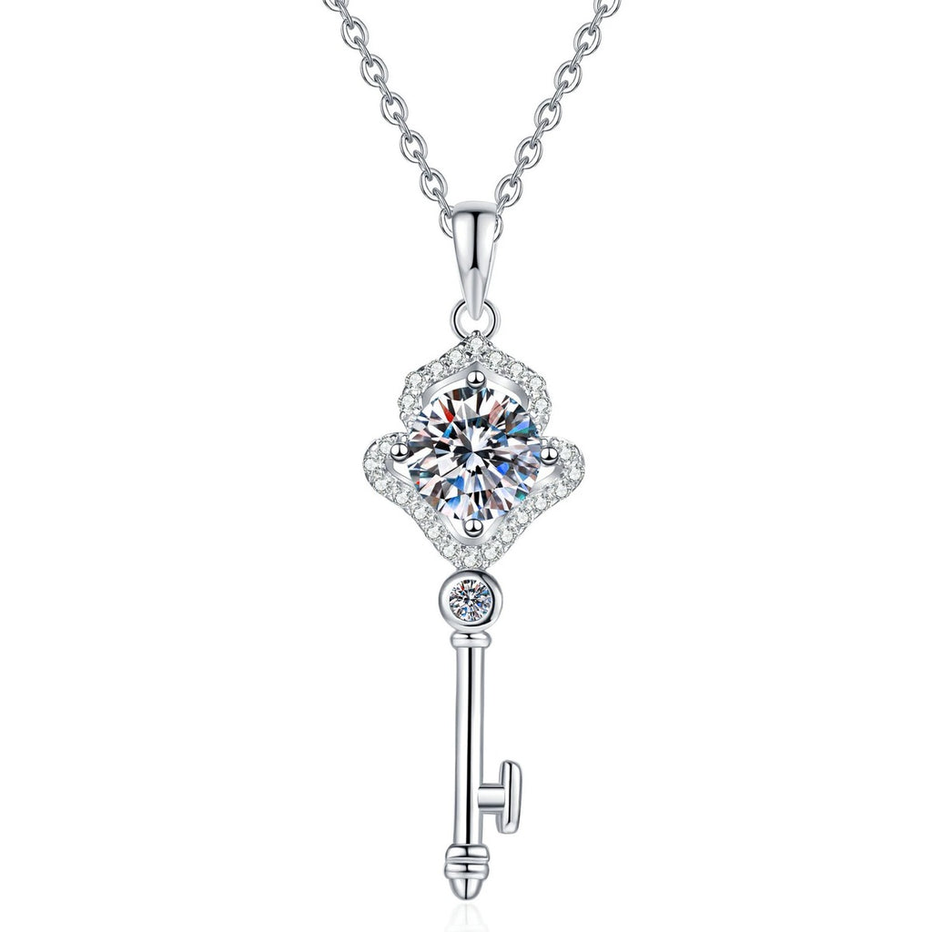 Key Moissanite Pendant Necklace with Cubic Zirconia in White Gold-Plated S925 Sterling Silver on clean white background showing the key pendant with a round moissanite center and cubic zirconia accents