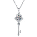Key Moissanite Pendant Necklace with Cubic Zirconia in White Gold-Plated S925 Sterling Silver on clean white background showing the key pendant with a round moissanite center and cubic zirconia accents