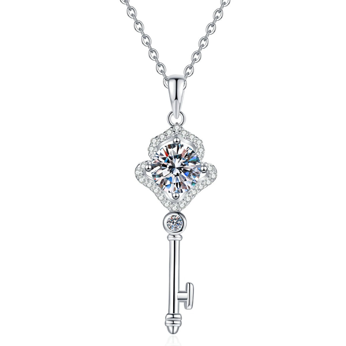 Key Moissanite Pendant Necklace with Cubic Zirconia in White Gold-Plated S925 Sterling Silver on clean white background showing the key pendant with a round moissanite center and cubic zirconia accents