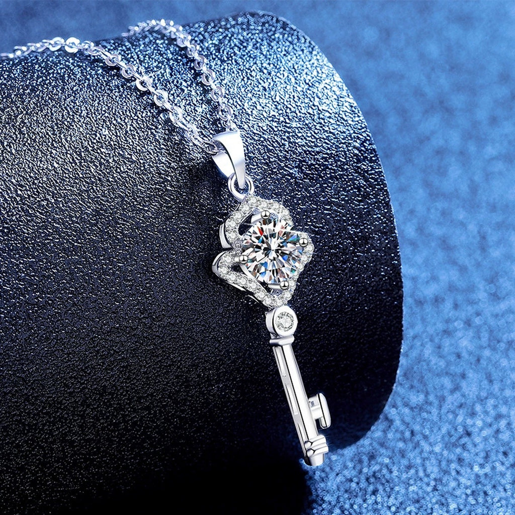 Key Moissanite Pendant Necklace with Cubic Zirconia in White Gold-Plated S925 Sterling Silver blue background product view