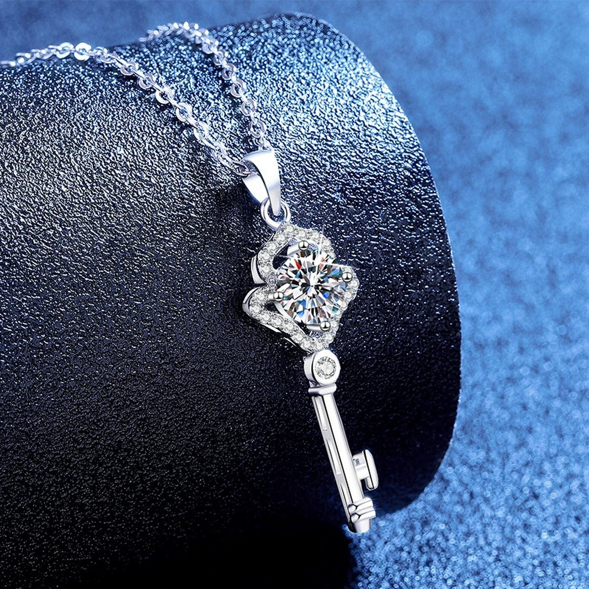 Key Moissanite Pendant Necklace with Cubic Zirconia in White Gold-Plated S925 Sterling Silver blue background product view