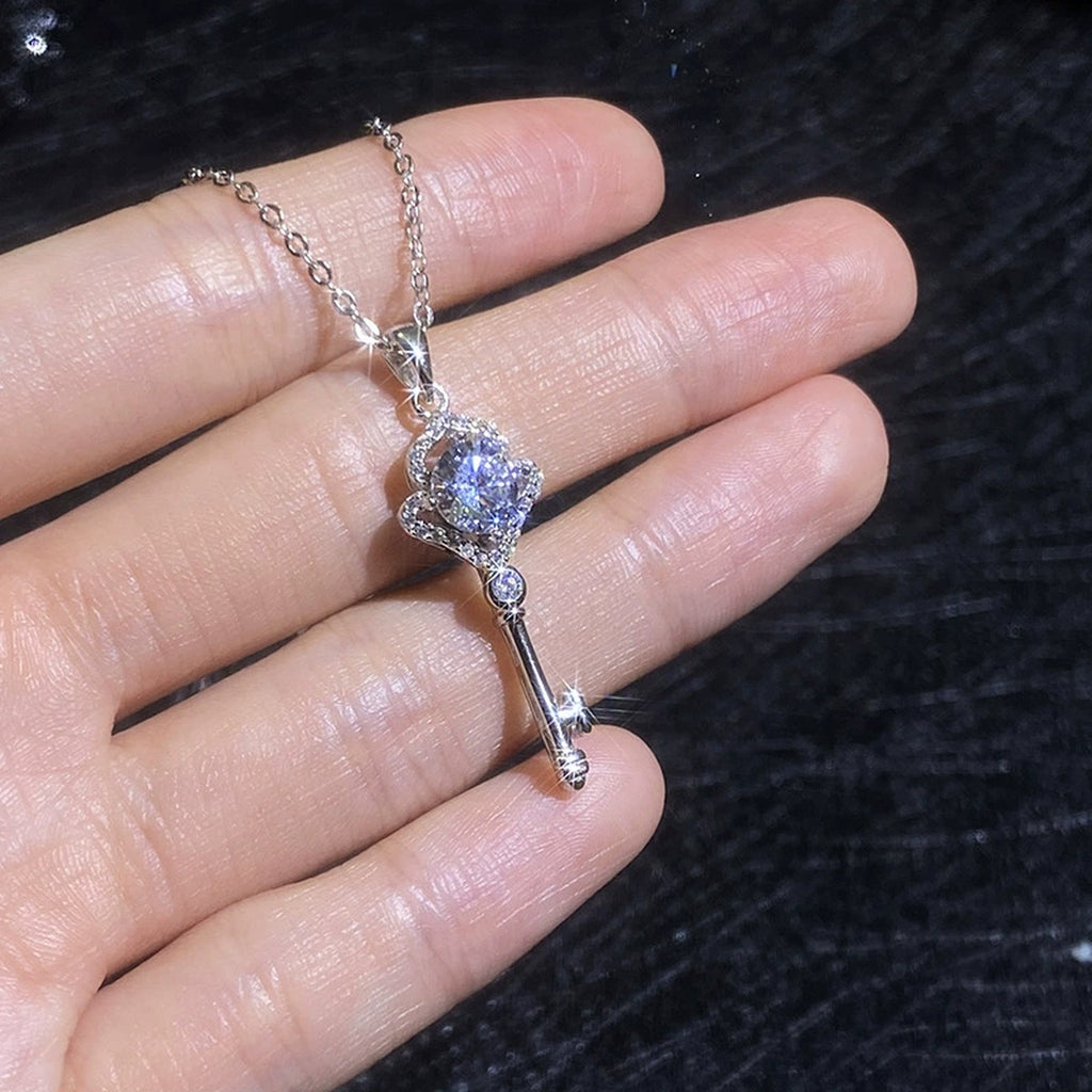Key Moissanite Pendant Necklace with Cubic Zirconia in White Gold-Plated S925 Sterling Silver close-up product detail view
