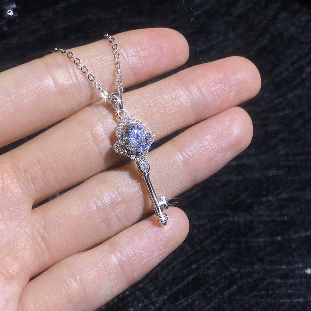 Key Moissanite Pendant Necklace with Cubic Zirconia in White Gold-Plated S925 Sterling Silver close-up product detail view