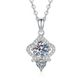 Rhombus Moissanite Pendant Necklace with Cubic Zirconia in White Gold-Plated S925 Sterling Silver on clean white background showing the rhombus pendant with a round moissanite center