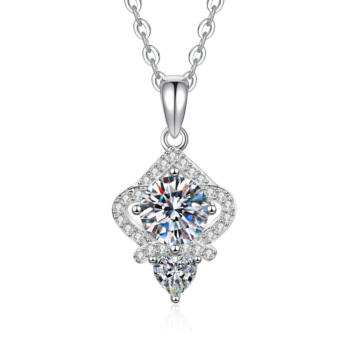 Rhombus Moissanite Pendant Necklace with Cubic Zirconia in White Gold-Plated S925 Sterling Silver on clean white background showing the rhombus pendant with a round moissanite center