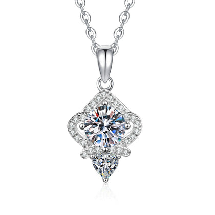 Rhombus Moissanite Pendant Necklace with Cubic Zirconia in White Gold-Plated S925 Sterling Silver on clean white background showing the rhombus pendant with a round moissanite center