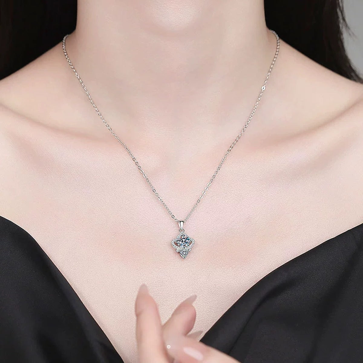 Rhombus Moissanite Pendant Necklace with Cubic Zirconia in White Gold-Plated S925 Sterling Silver worn on neckline by model