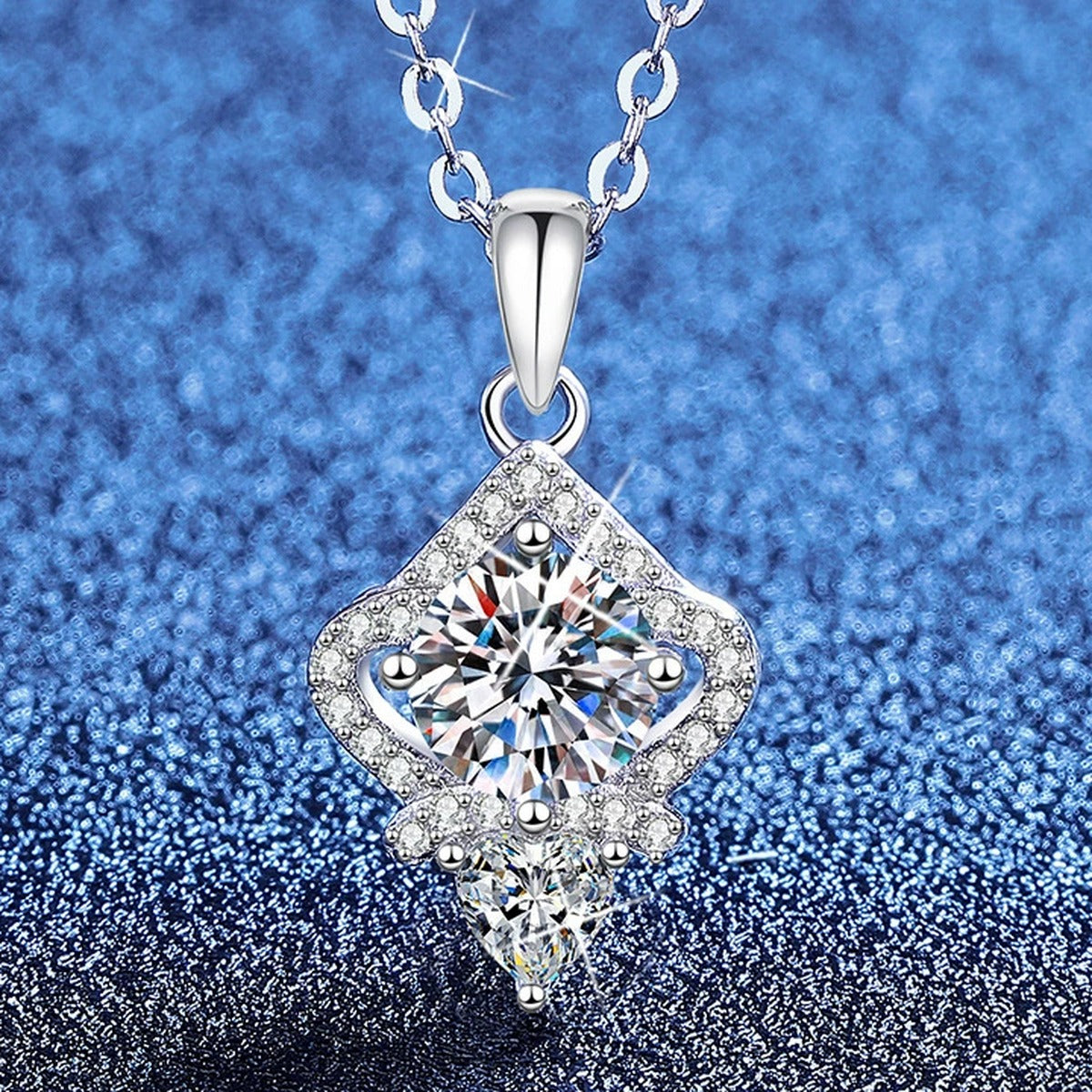 Rhombus Moissanite Pendant Necklace with Cubic Zirconia in White Gold-Plated S925 Sterling Silver blue background product view