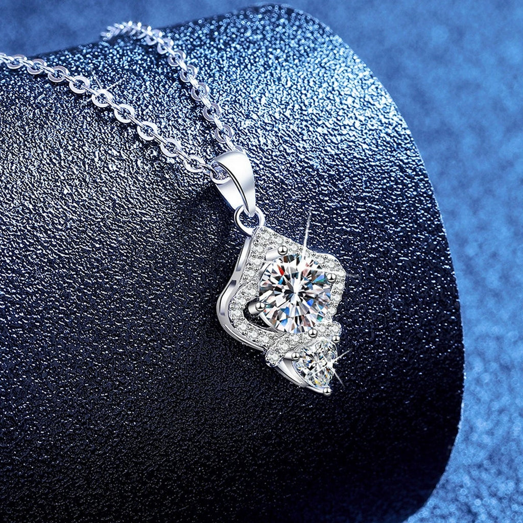 Rhombus Moissanite Pendant Necklace with Cubic Zirconia in White Gold-Plated S925 Sterling Silver blue background angled view