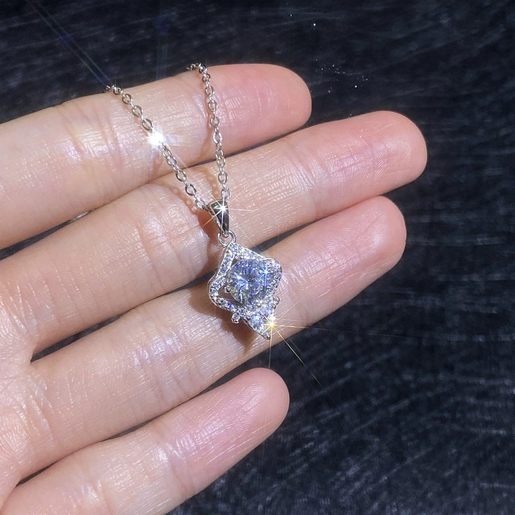 Rhombus Moissanite Pendant Necklace with Cubic Zirconia in White Gold-Plated S925 Sterling Silver close-up product detail view